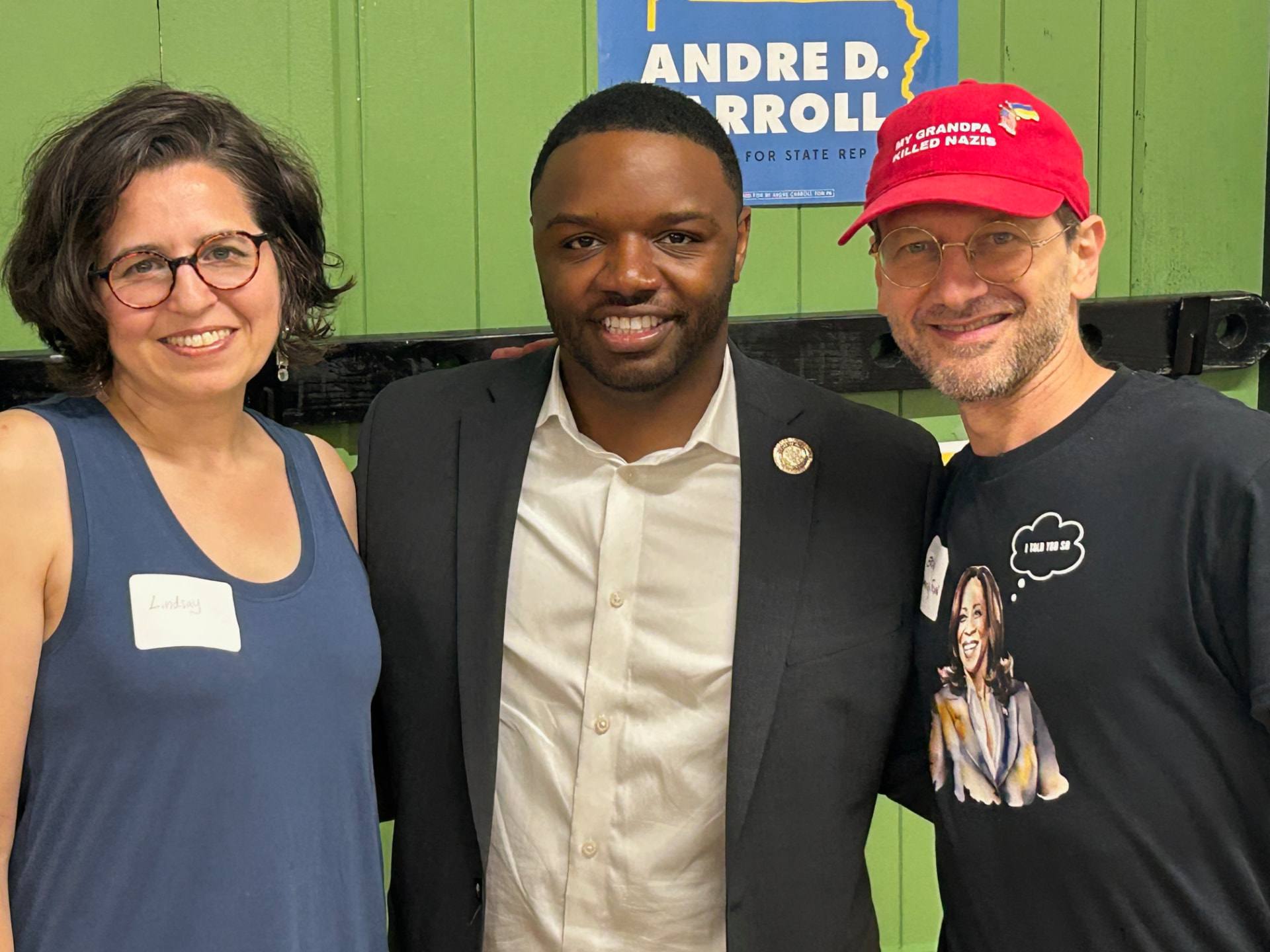 Lindsay Kovnat, Pennsylvania State Rep. Andre D. Carroll and Disco Brian Davis at BraidMill in Germantown, Philadelphia