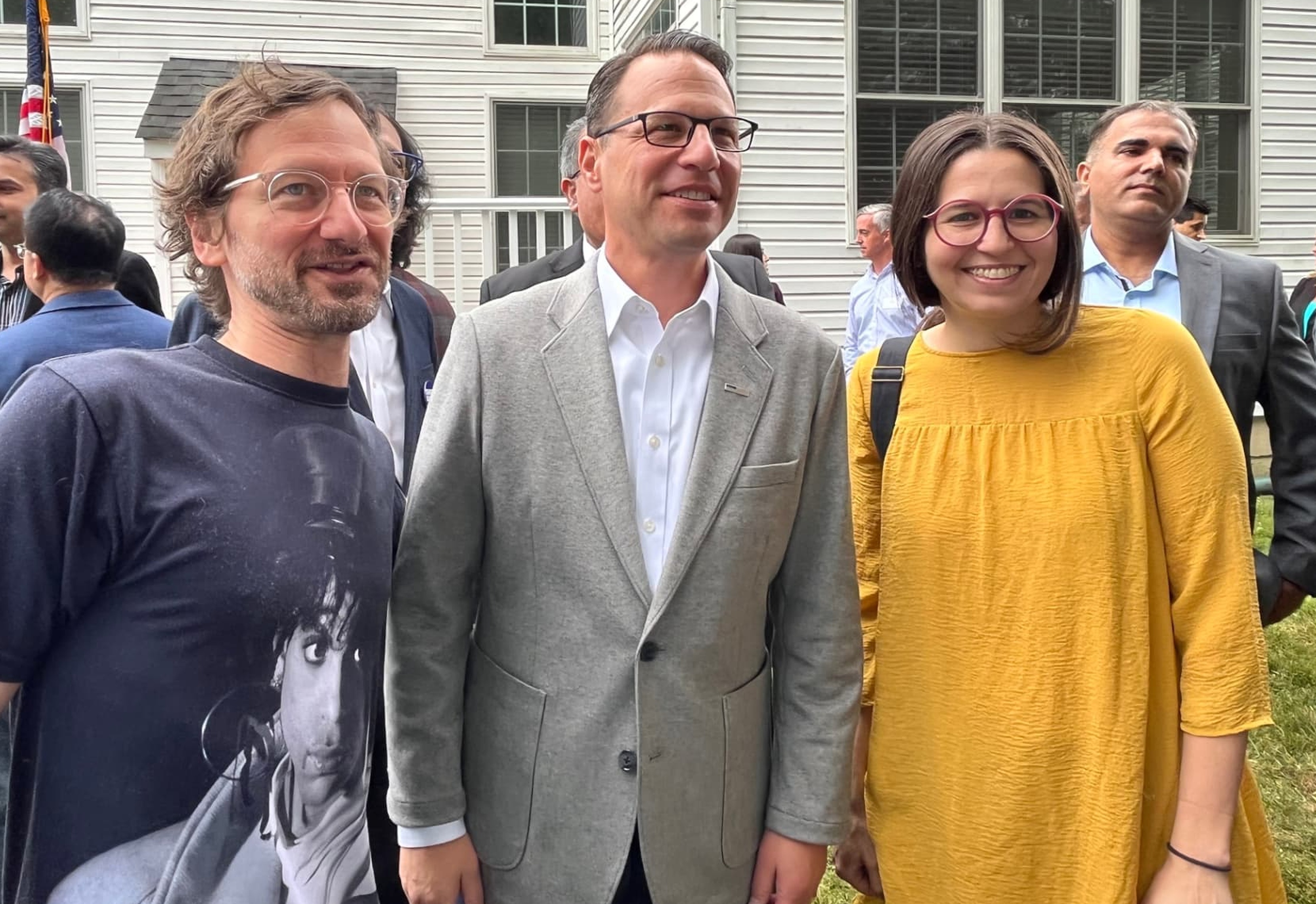 Disco Brian Davis with Josh Shapiro and Lindsay Kovnat at a Shapiro fundraiser in Bensalem, Pennsylvania