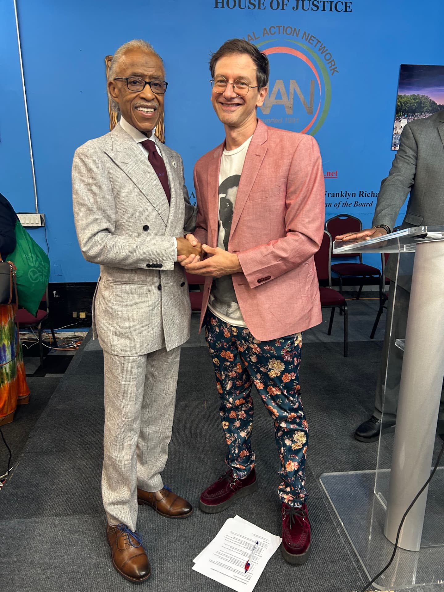 Disco Brian Davis shaking hands with Rev. Al Sharpton at the National Action Network House of Justice