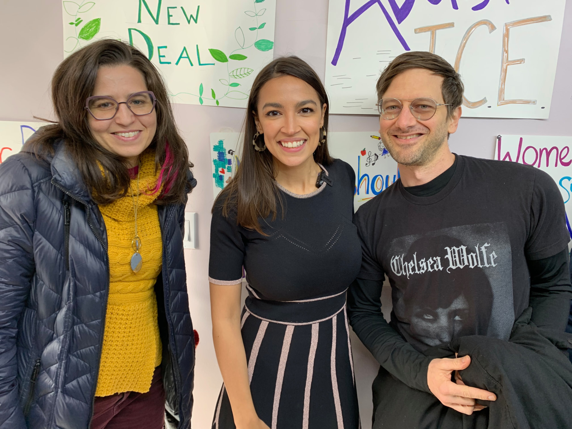 Disco Brian Davis and Lindsay Kovnat with Rep. Alexandria Ocasio-Cortez at her Hunts Point district office open house
