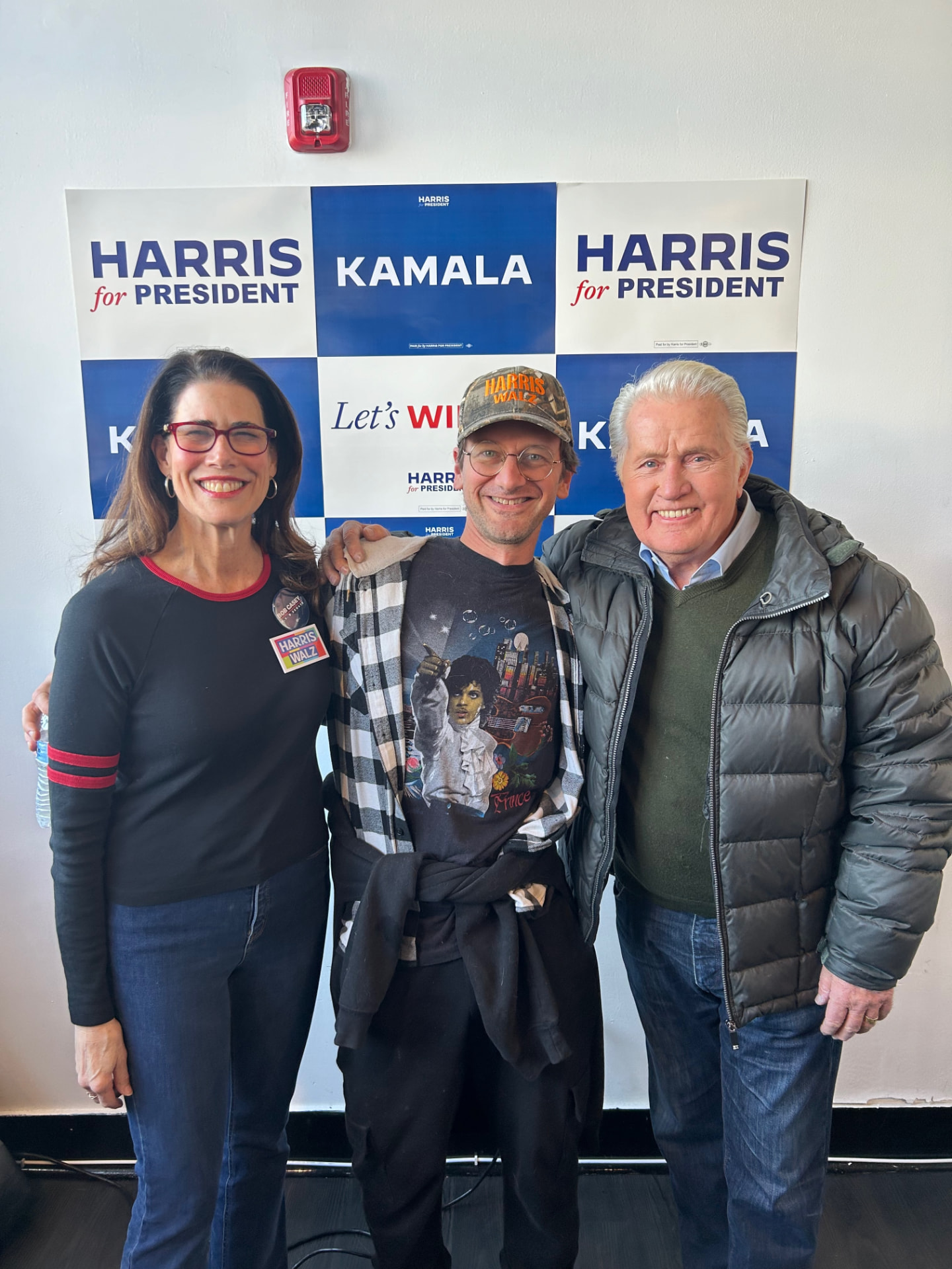 Disco Brian Davis with West Wing actors Martin Sheen and Melissa Fitzgerald at the Germantown Kamala Harris campaign headquarters