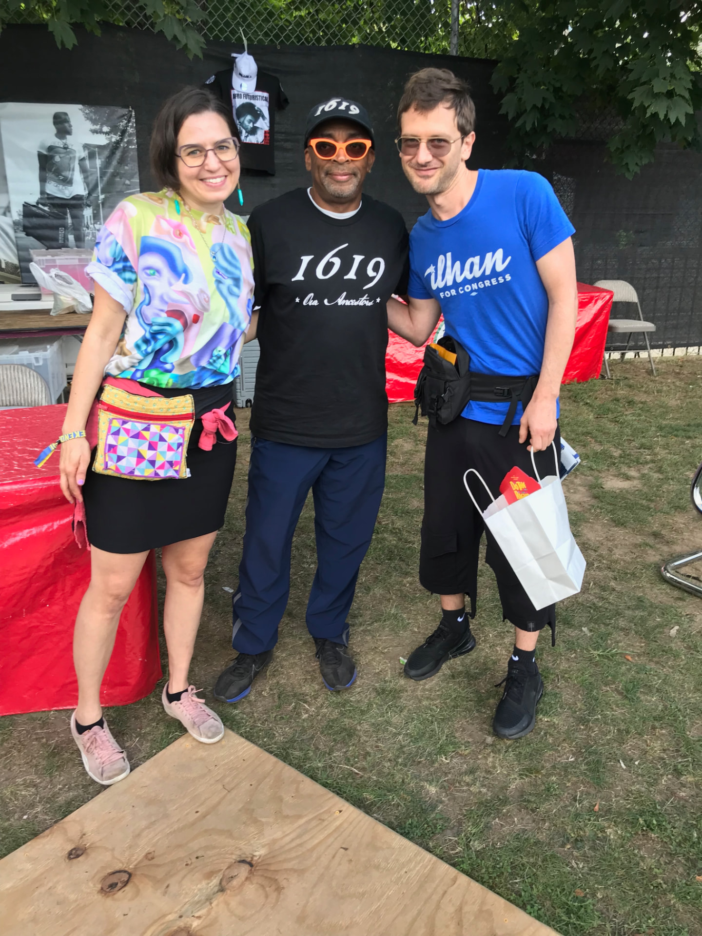 Disco Brian Davis and Lindsay Kovnat with filmmaker Spike Lee at AfroPunk in Commodore Barry Park, Brooklyn